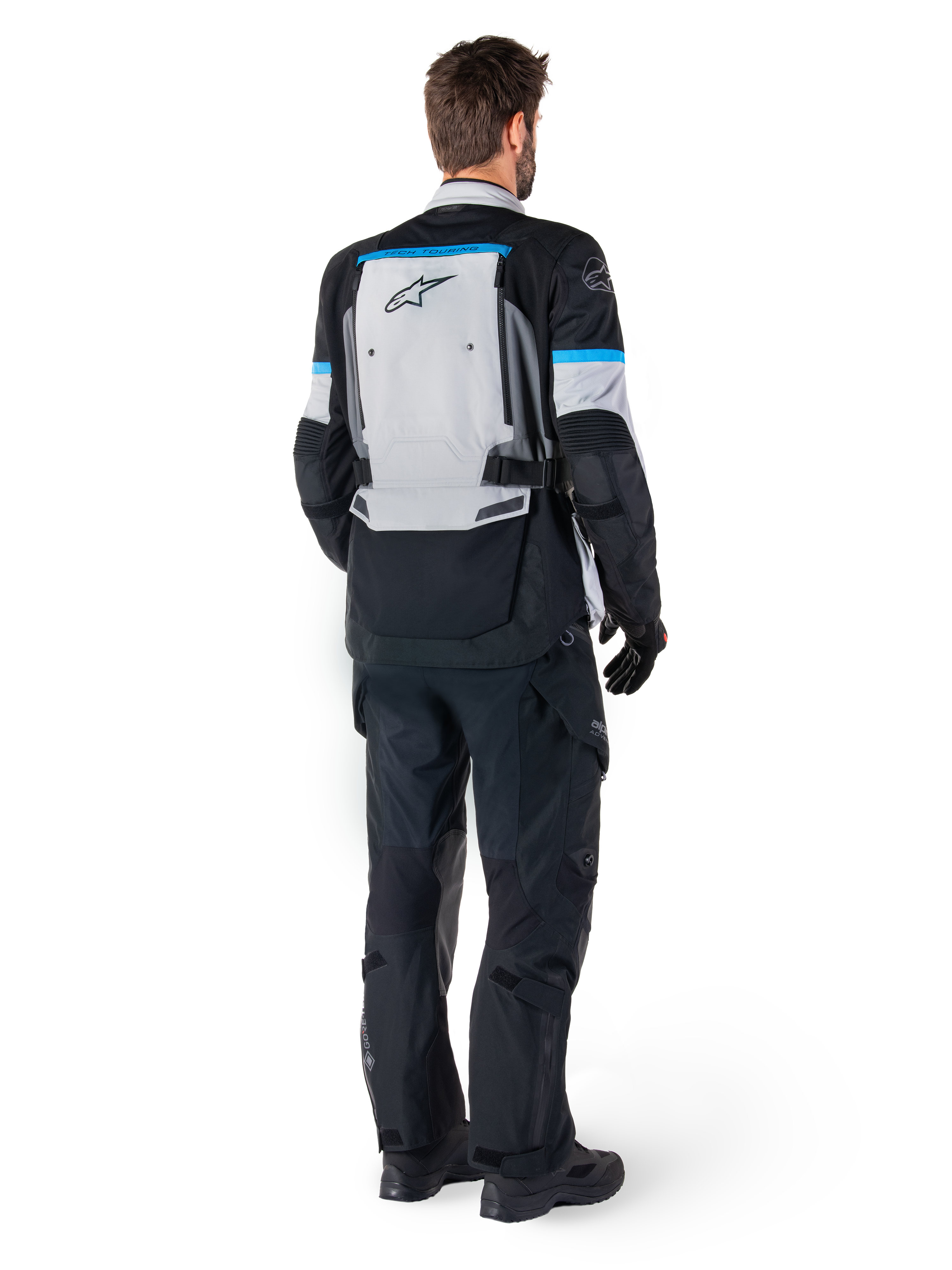 Alpinestars Bogota' Pro Drystar® Men's Jacket, adventure touring motorcycle jacket, Ice Gray, Black, Cyan, rear view.