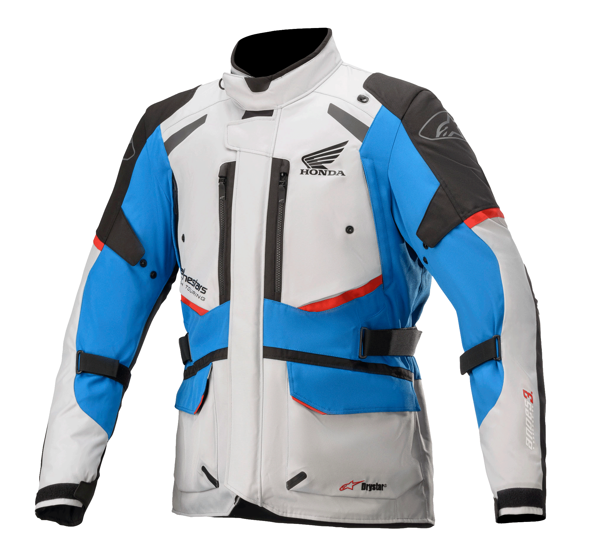 Alpinestars Honda Andes V3 Drystar® Jacket, Motorcycle Touring Jacket, Ice Gray Blue and Bright Red, waterproof design with high collar, multiple zippered vents, cargo pockets, and adjustable straps, featuring Honda branding