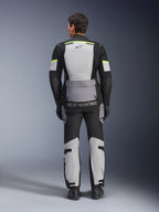 Alpinestars Andes Air Drystar® Jacket and Pants, Ice Gray Dark Gray Black adventure touring kit, rear view of rider wearing complete gear with neon yellow accents, featuring large mesh ventilation panels and Alpinestars branding.