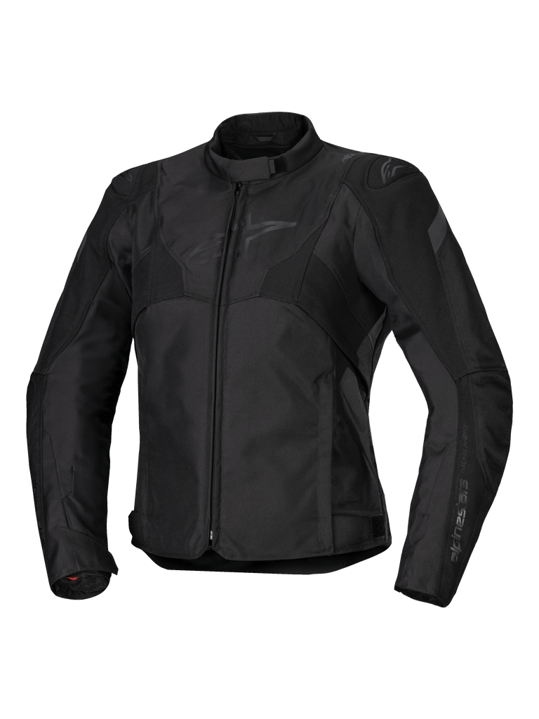 Alpinestars Stella T-Jaws V4 Waterproof Jacket, Women's Motorcycle Jacket, Black on Black, front zipper closure, ergonomic collar, subtle Alpinestars logo on the chest, durable textile construction with a racing-inspired sport fit