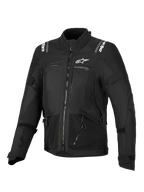 Alpinestars Stella Andes V4 Drystar® Jacket, women's motorcycle jacket in black, front view showcasing white logos on the chest and shoulders, multi-panel textile design, waterproof adventure-touring apparel