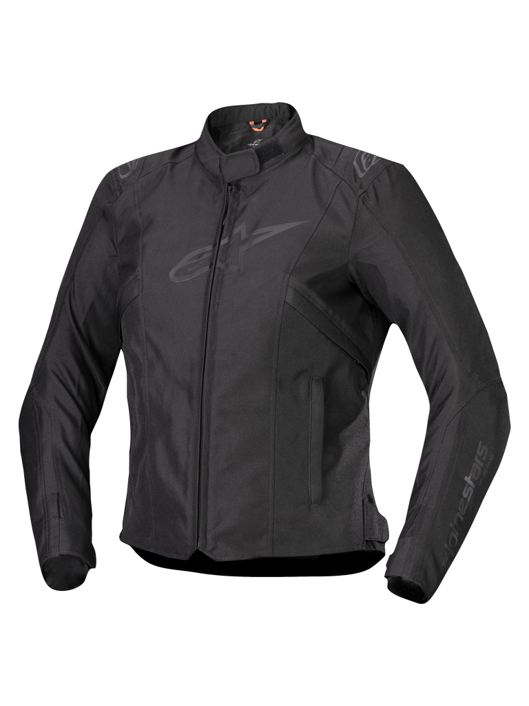 Alpinestars Stella T-SPS V2 Waterproof Jacket, Women's Motorcycle Jacket, Black, front zipper closure, low profile collar, subtle logos on chest and sleeves, durable textile fabric with a fitted sport silhouette, professional riding gear