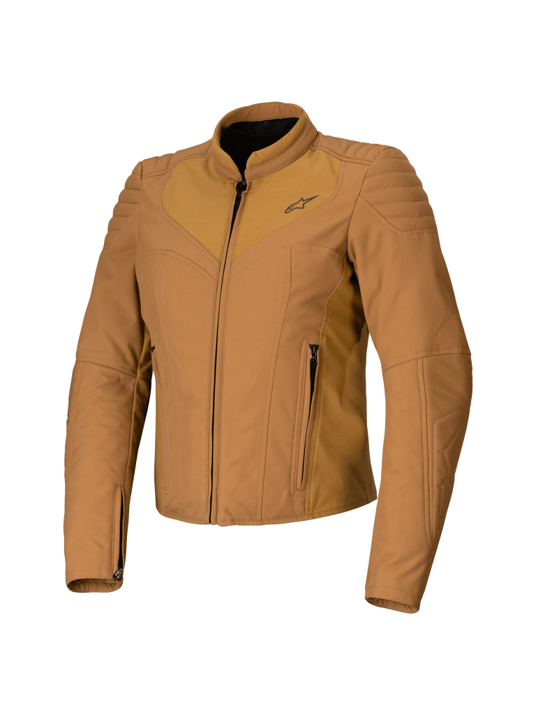 Alpinestars Isla WR Women's Jacket, Utility Brown Light Gold, Tan Women's Motorcycle Jacket, Slim Tailored Fit, High Biker Collar, Quilted Shoulder Detail, Front Zipper with Side Pockets, Technical Urban Riding Gear