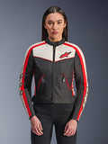 Alpinestars Stella T-Dyno WR Jacket, Women's Textile Motorcycle Jacket, Black, Ecru and Bright Red, vintage-inspired design with front zipper, red sleeve stripes featuring star logos, and zippered pockets with red trim.