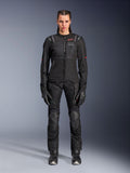 Alpinestars Stella Andes Air Drystar Pants, Women's Motorcycle Touring Pants, Black, featuring mesh ventilation panels and reinforced knee protection, worn with matching jacket and gloves, adventure touring apparel