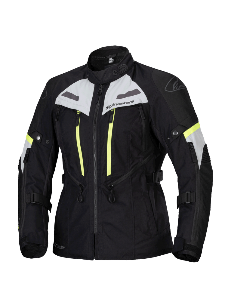 Alpinestars Stella Bogota Pro Drystar Jacket, Women's Motorcycle Touring Jacket, Black with Ice Gray and Yellow Fluo accents, waterproof and breathable textile construction, featuring extensive ventilation zippers and adjustable straps for adventure riding