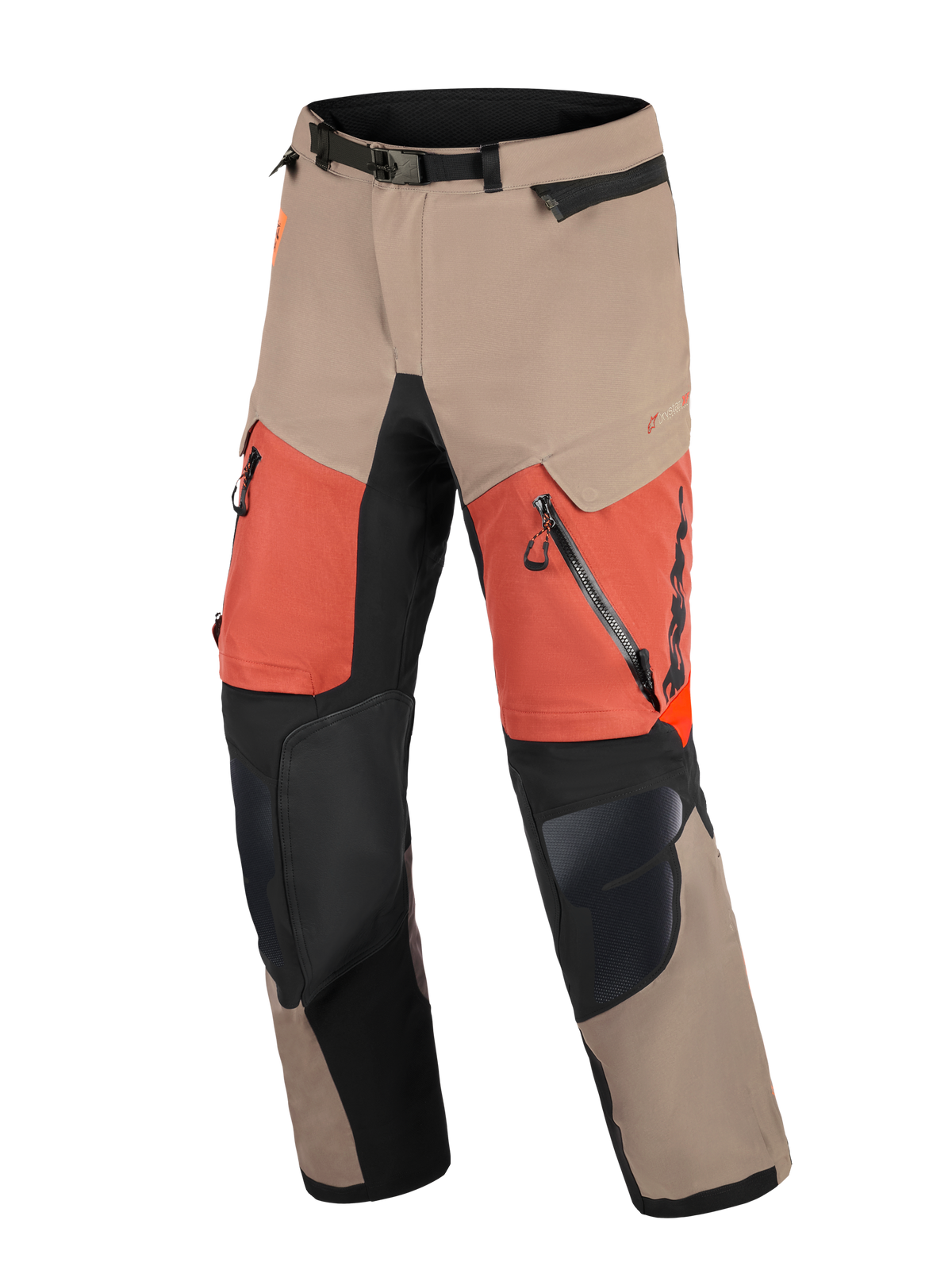 Alpinestars Harok Pro Drystar® XF Laminated Pants, adventure motorcycle pants in walnut rust and black, featuring front zippered thigh vents, black knee reinforcements, and an adjustable waist with a magnetic buckle