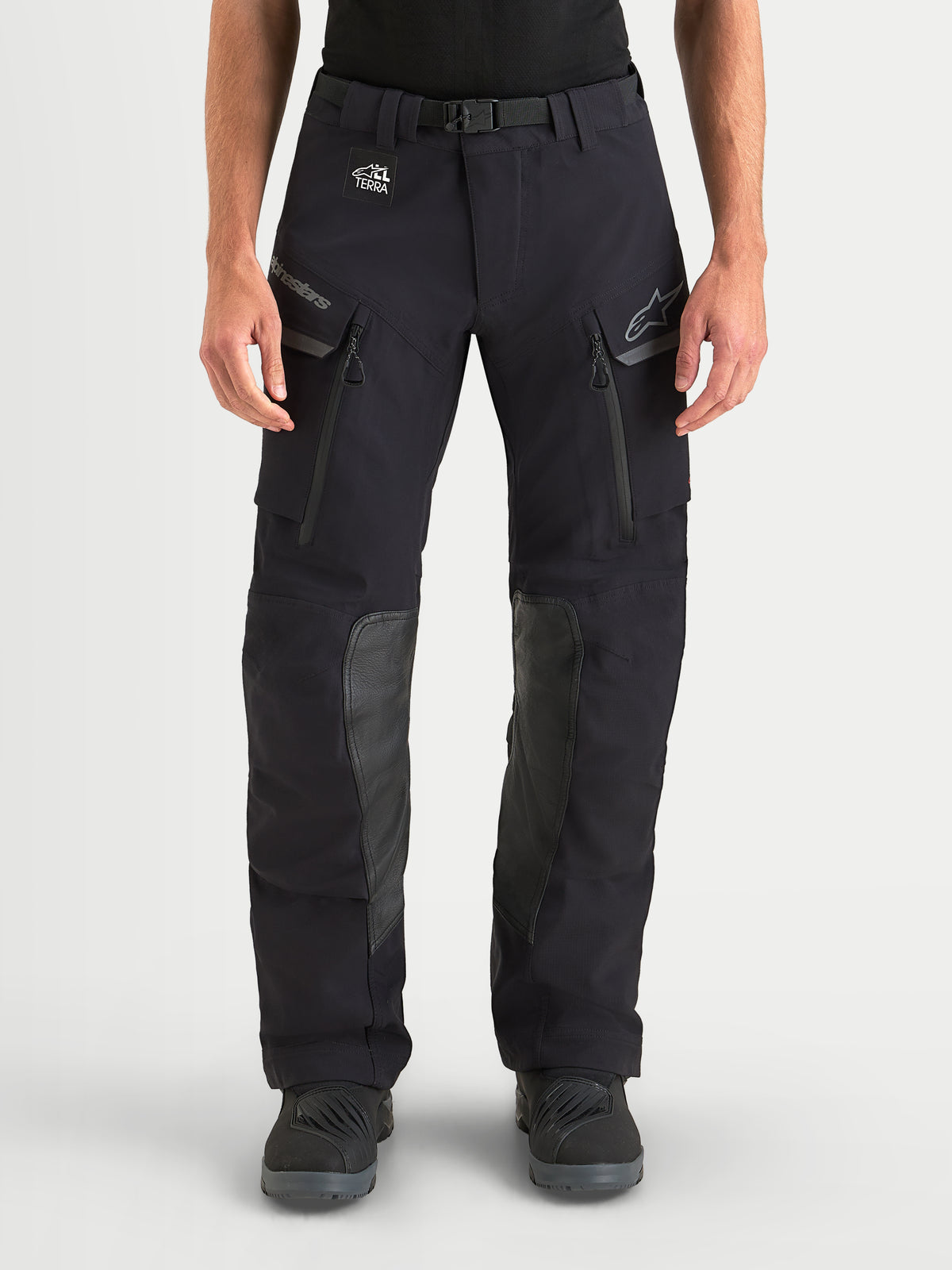 Alpinestars Maxdura Drystar XF Laminated Pants, Men's Adventure Motorcycle Pants in Black and Dark Gray, featuring waterproof 3-layer laminated construction, zippered thigh vents, and goat leather knee panels