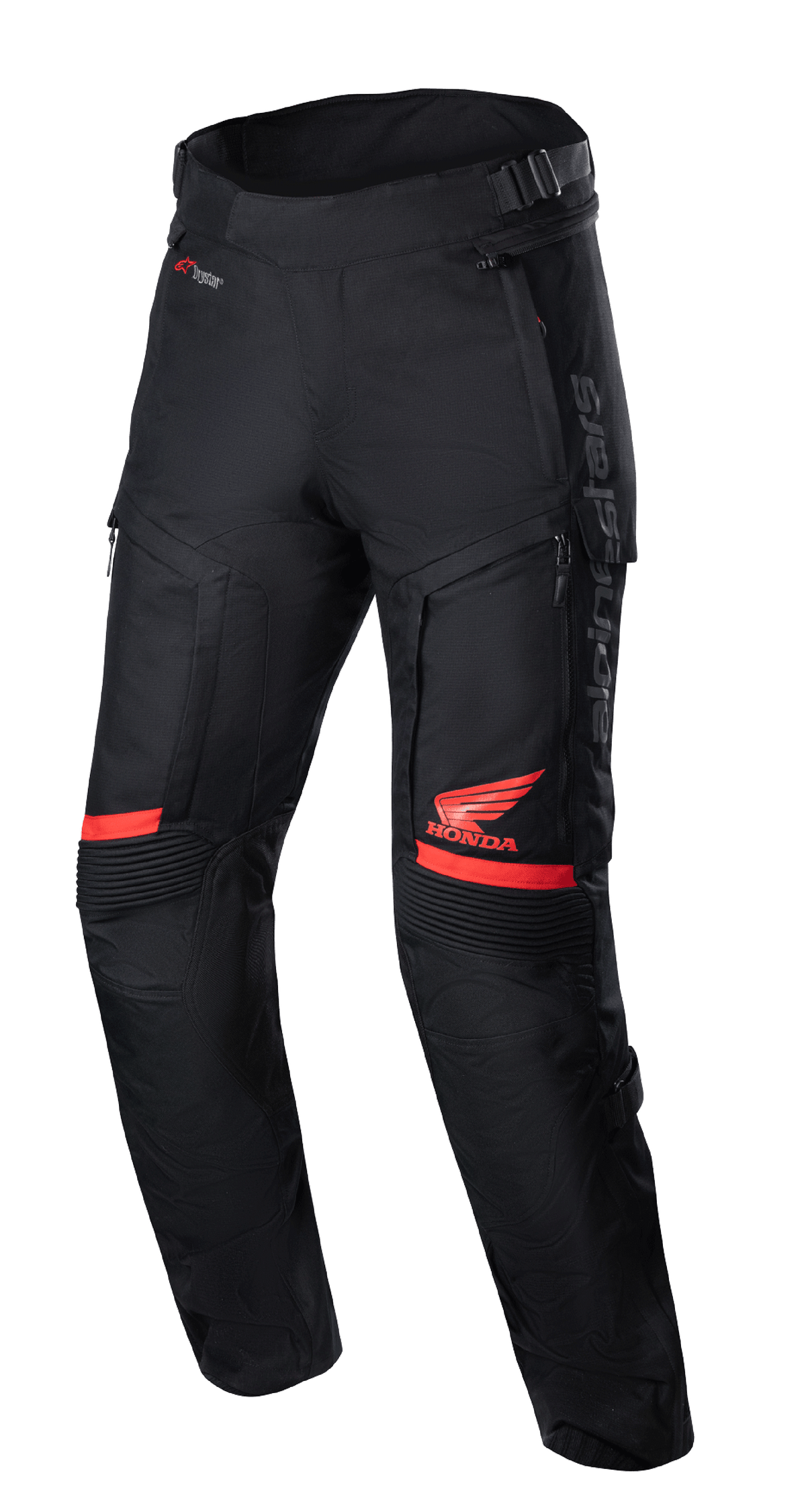 Honda Bogota' Pro Drystar® Pants, Motorcycle Touring Pants, Black and Red, featuring red Honda Wing logo on the thigh, accordion stretch panels at the knees, technical textile construction, adjustable waist straps, and Alpinestars branding