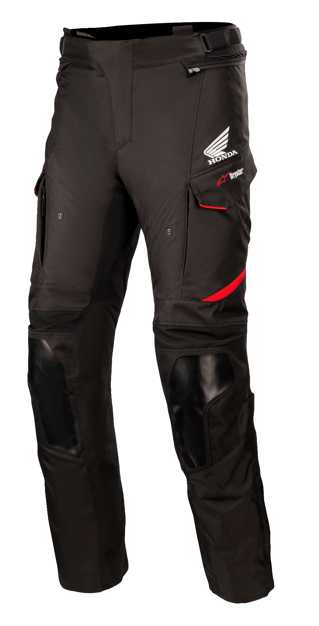 Alpinestars Honda Andes V3 Drystar® Pants, Men's Black Waterproof Textile Motorcycle Touring Gear with red accents.