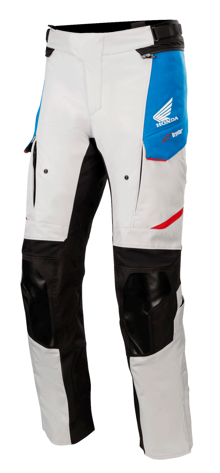 Alpinestars Honda Andes V3 Drystar® Pants, Motorcycle Touring Pants, Ice Gray with Blue panels and Bright Red accents, featuring black reinforced knees and inner leg panels, zippered ventilation ports on thighs, Honda wing logo, waterproof adventure gear