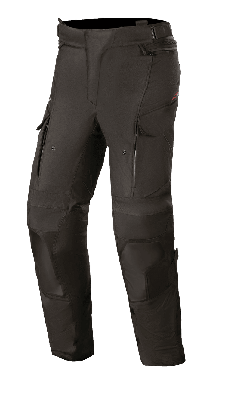 Alpinestars Women Stella Andes V3 Drystar Pants, Black motorcycle touring pants, waterproof and breathable textile construction, reinforced knee and thigh panels, zippered thigh vents, cargo pockets, and adjustable waistband for adventure riding.