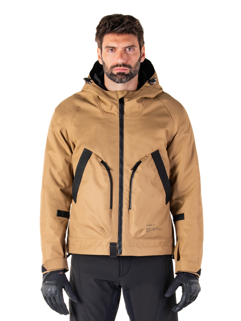 Alpinestars Morush Waterproof Parka, Utility Brown and Black Hooded Motorcycle Jacket, Urban Riding Gear, Front View with Black Zipper and Large Angled Pockets