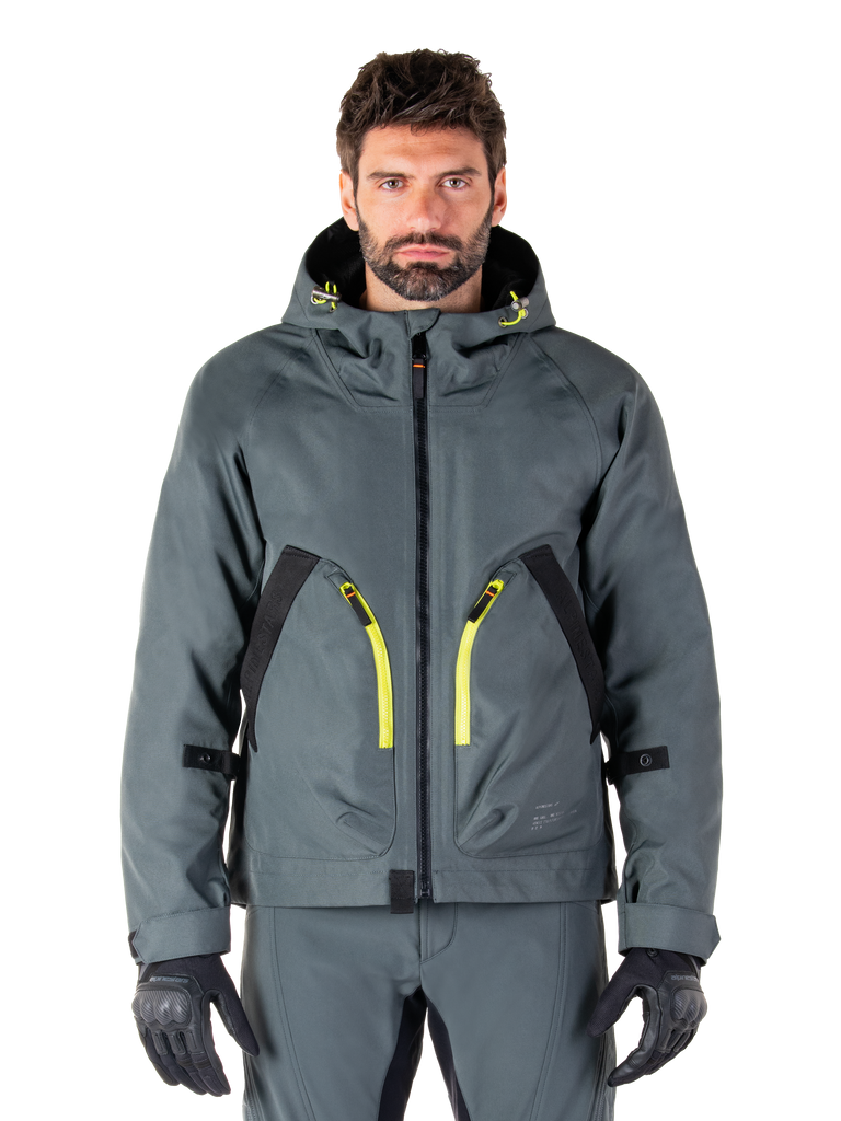Alpinestars Morush Waterproof Parka, urban gray motorcycle jacket, vibrant yellow zippers and black accents, hooded design with large front pockets, technical streetwear-inspired styling