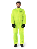 Alpinestars Hurricane Rain V2 Suit, Motorcycle Rain Suit, Yellow Fluo, male model wearing full-body protection with black gloves and boots, high collar with front storm flap, reflective logo on chest, high-visibility waterproof gear
