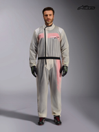 Alpinestars Kart Rain Suit, transparent waterproof karting oversuit for men in clear, front view on a model showing the asymmetric zipper and elasticized waist