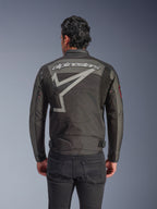 Alpinestars Axton Jacket, Men's Motorcycle Jacket, Black Anthracite Red Tangerine, back view featuring a large grey Alpinestars wordmark and stylized star graphic, accordion shoulder panels, and vintage-inspired metal eyelets on the sleeves.