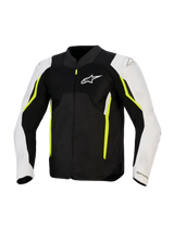 Alpinestars AST V3 Air Jacket, Motorcycle Textile Air Jacket, Black Silver and Yellow Fluo, front view featuring mesh ventilation panels, white sleeves with neon yellow accents, and Alpinestars logo on the chest, sport-performance design for warm-weather riding