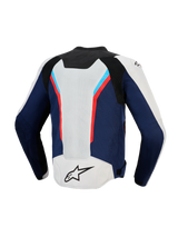 Alpinestars AST V3 Air Jacket, Rear view, Silver Deep Blue and Bright Red, technical motorcycle jacket featuring large mesh ventilation panels, sporty multi-panel design with red and light blue accents, black A-star logo on silver lower back.