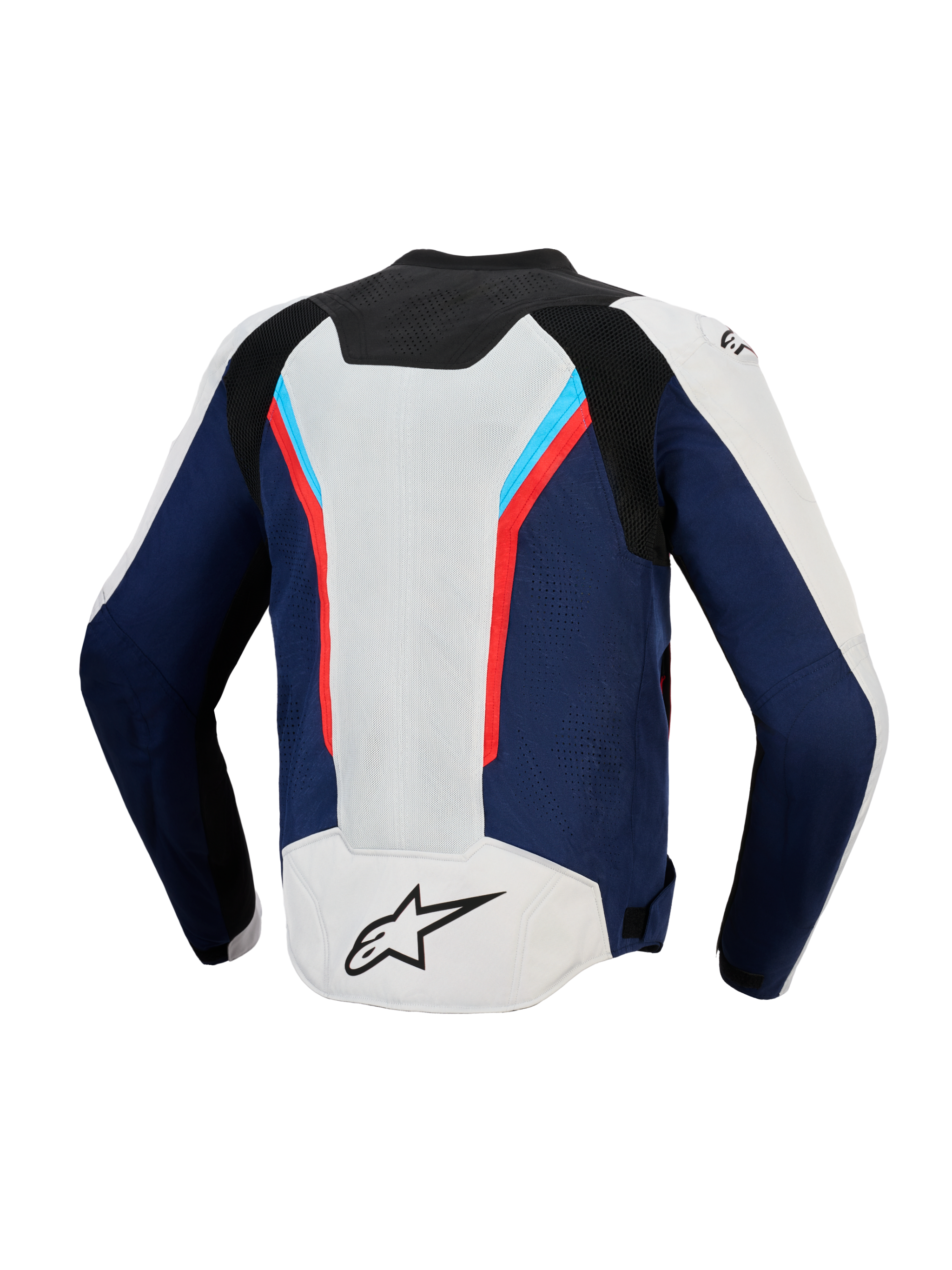 Alpinestars AST V3 Air Jacket, Rear view, Silver Deep Blue and Bright Red, technical motorcycle jacket featuring large mesh ventilation panels, sporty multi-panel design with red and light blue accents, black A-star logo on silver lower back.