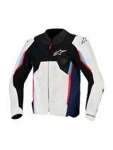 Alpinestars AST V3 Air Jacket, Motorcycle Racing Jacket, Silver Deep Blue and Bright Red, front view featuring black tech mesh upper, laser-perforated textile panels, and external DFS shoulder sliders, sport-fit warm-weather design.