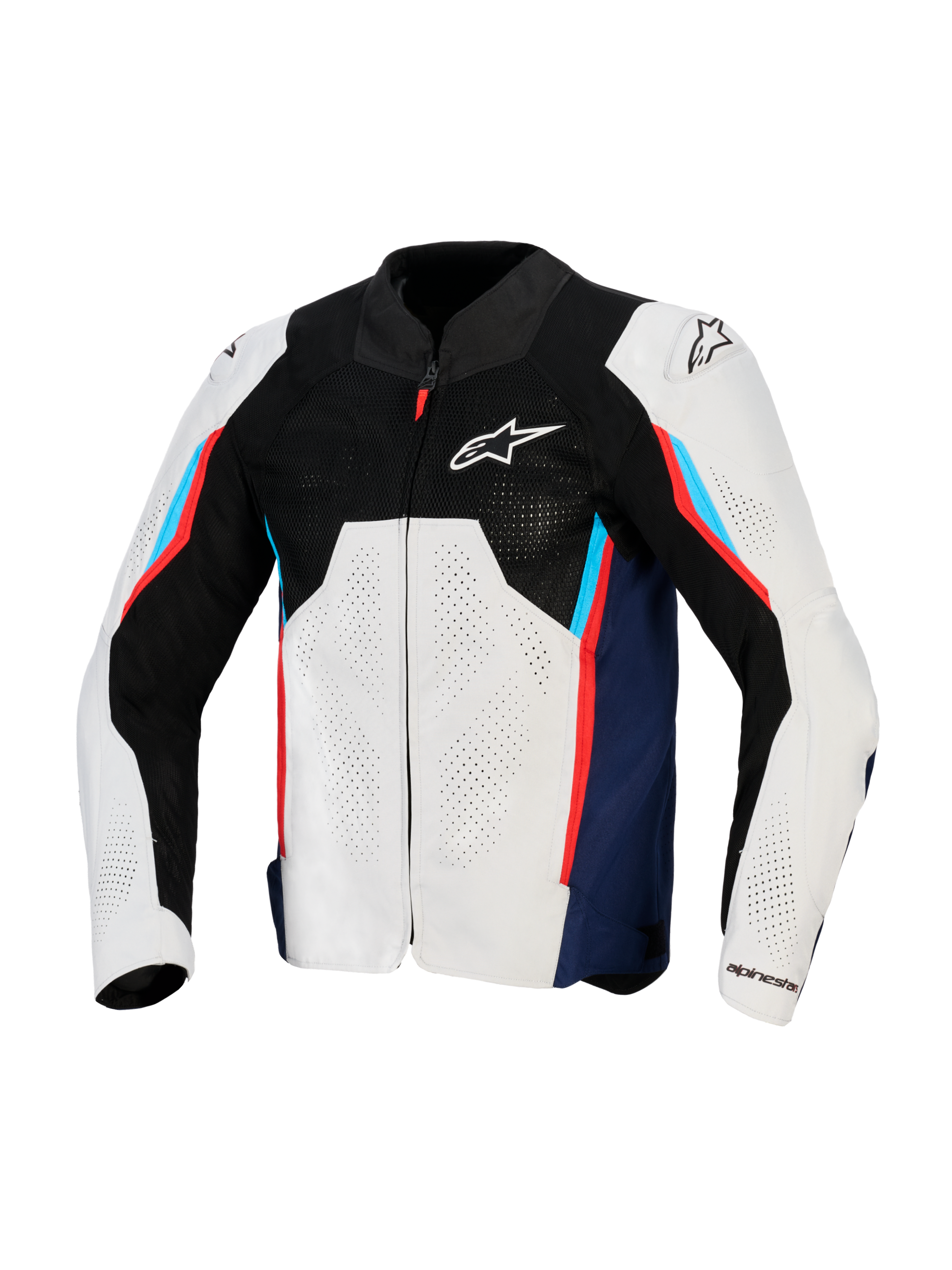 Alpinestars AST V3 Air Jacket, Motorcycle Racing Jacket, Silver Deep Blue and Bright Red, front view featuring black tech mesh upper, laser-perforated textile panels, and external DFS shoulder sliders, sport-fit warm-weather design.