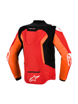 Alpinestars T-GP Air Jacket, Back View, Bright Red Red Fluo and Black, Textile Sport Motorcycle Jacket featuring laser-perforated mesh panels, Supertech R10 aero hump, external DFS shoulder and elbow sliders, and white Alpinestars branding on the lower back.