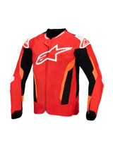 Alpinestars T-GP Air Jacket, Textile Motorcycle Jacket, Bright Red and Black with White accents, featuring a large white logo on the chest, laser-perforated front panels, and black mesh sections for ventilation, sport fit design.