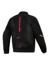 Alpinestars Flight Air Jacket, Black and Bright Red, back view showing 3D mesh construction, vertical red Alpinestars logo on spine, bomber-style silhouette with ribbed waist and cuffs, white logo on sleeve