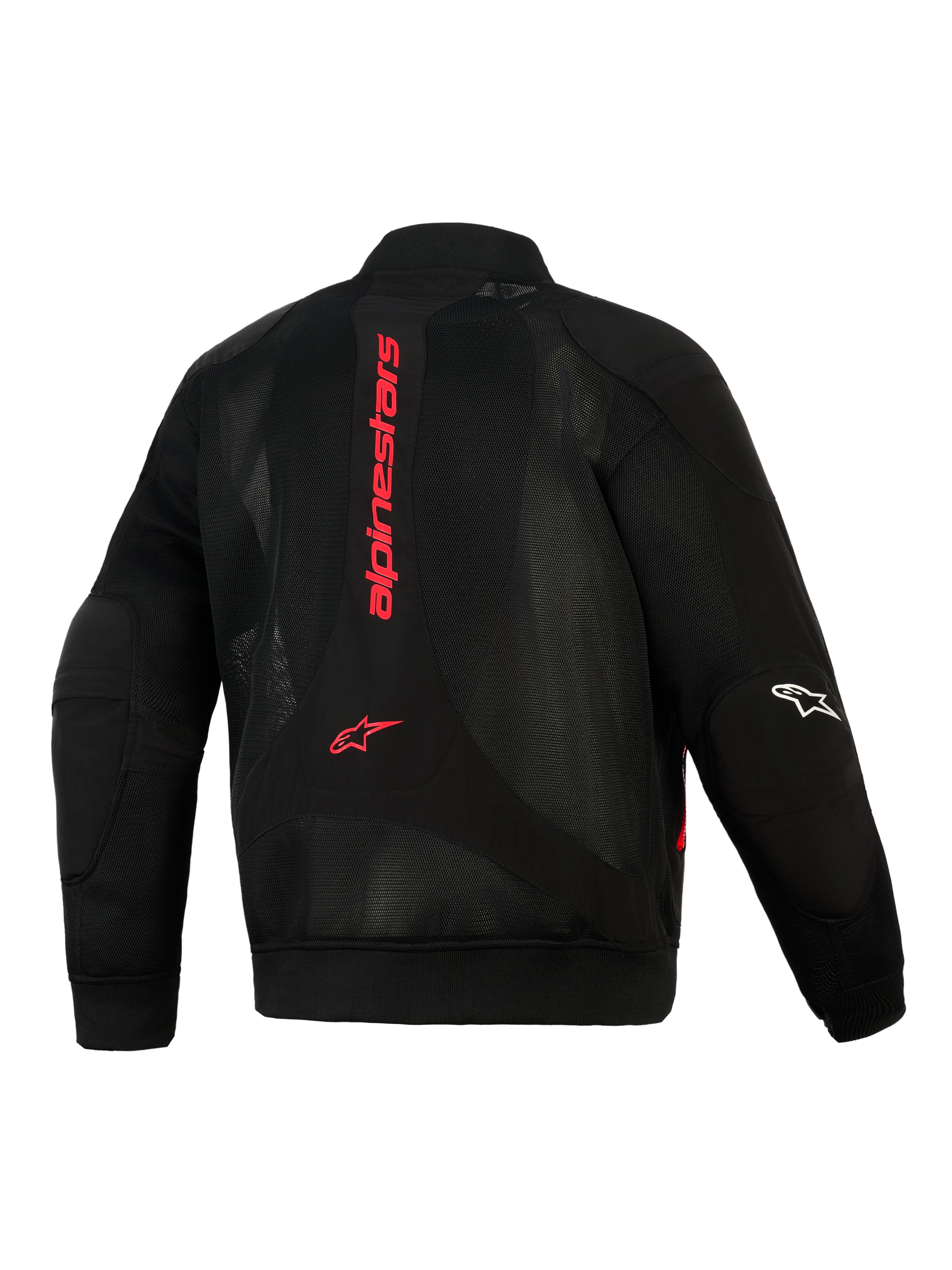 Alpinestars Flight Air Jacket, Black and Bright Red, back view showing 3D mesh construction, vertical red Alpinestars logo on spine, bomber-style silhouette with ribbed waist and cuffs, white logo on sleeve