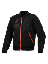 Alpinestars Flight Air Jacket, Black Bright Red, front view of a lightweight bomber-style motorcycle jacket featuring 3D mesh panels, contrasting red zippers, and red Alpinestars branding on the chest.