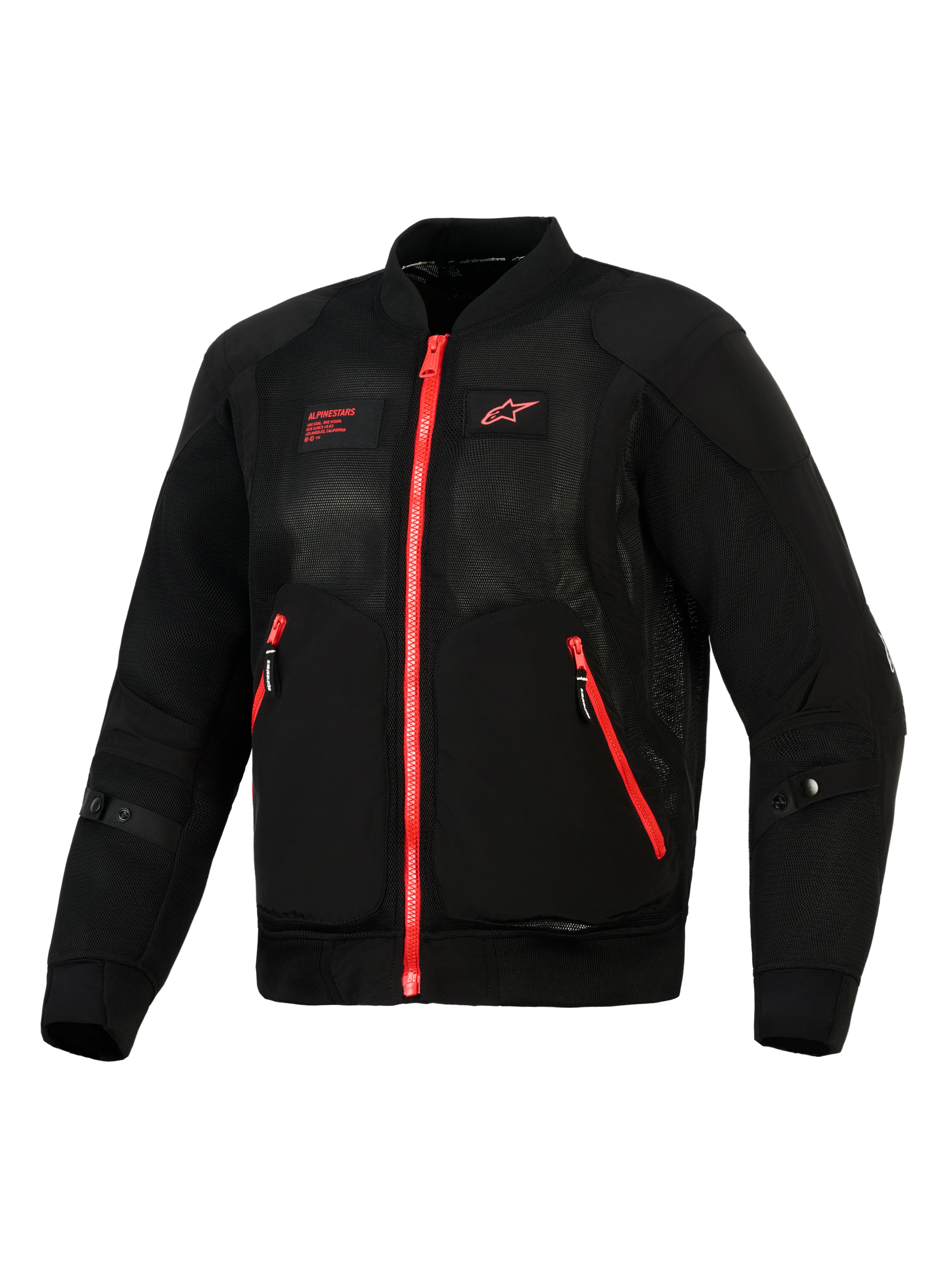 Alpinestars Flight Air Jacket, Black Bright Red, front view of a lightweight bomber-style motorcycle jacket featuring 3D mesh panels, contrasting red zippers, and red Alpinestars branding on the chest.