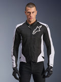 Alpinestars Viper Air V4 Jacket, Motorcycle Racing Jacket, Black and White, worn by rider, tech mesh and textile construction with white shoulder panels, prominent star logo on chest, sport performance design, paired with black riding gloves