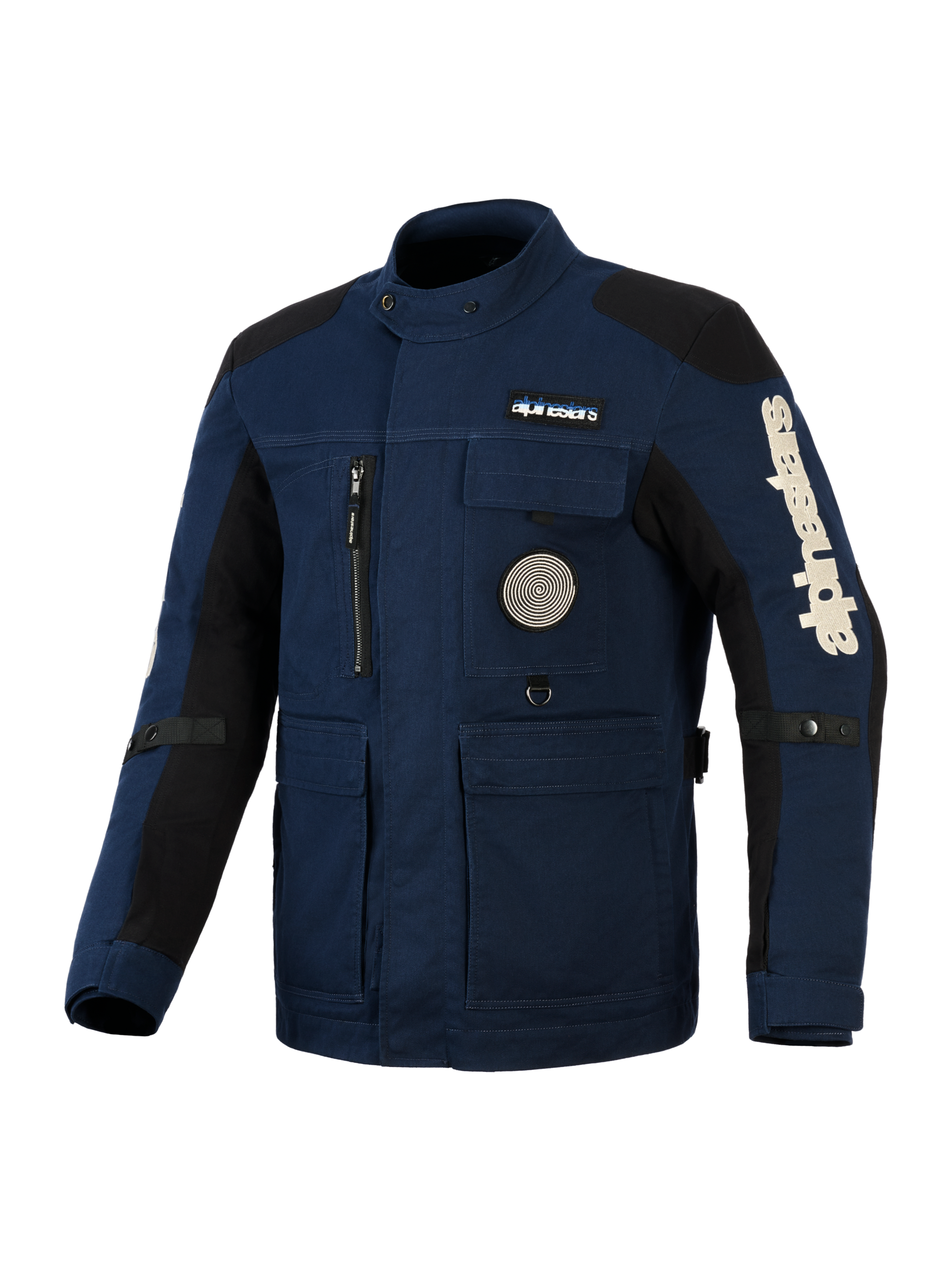 Alpinestars Dice Jacket, urban field-style motorcycle jacket, Dark Blue with black shoulder and arm panels, featuring multiple utility pockets, vertical zippered chest pocket, and a circular spiral graphic, large white Alpinestars logo on the sleeve, durable water-repellent textile construction