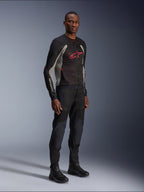 Alpinestars Troop-Air Jacket, technical mesh motorcycle jacket in Black, Ash Gray and Bright Red, worn by a model with matching black pants and boots, featuring a red Alpinestars logo on the chest, urban contemporary riding gear.