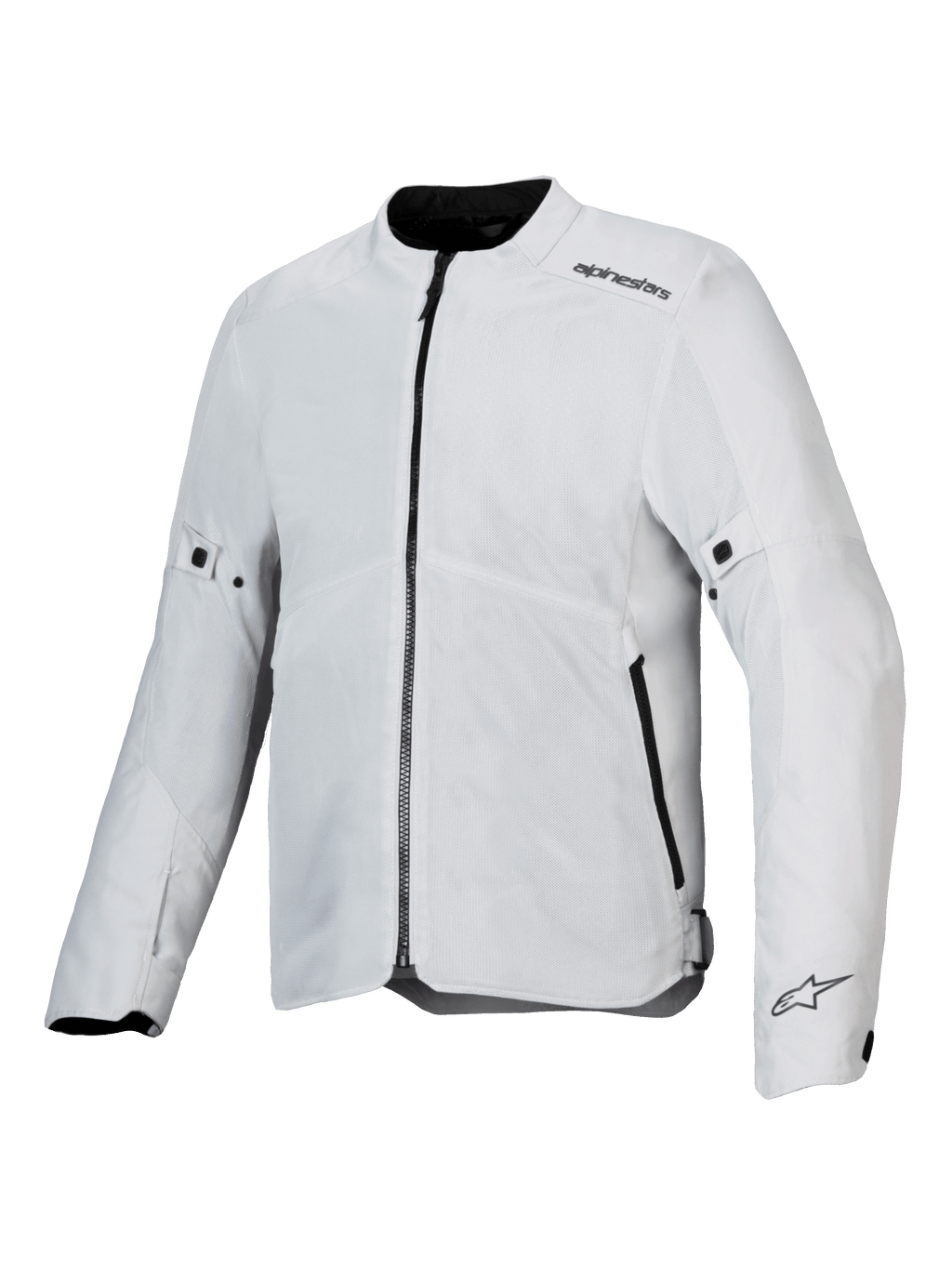 Alpinestars C-1 Air Jacket, Motorcycle Jacket, Silver, lightweight textile construction with tech mesh panels, front view with central black zipper and side pockets, Alpinestars logos on the shoulder and cuff, urban commuting style
