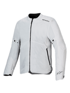 Alpinestars C-1 Air Jacket, Motorcycle Jacket, Silver, lightweight textile construction with tech mesh panels, front view with central black zipper and side pockets, Alpinestars logos on the shoulder and cuff, urban commuting style