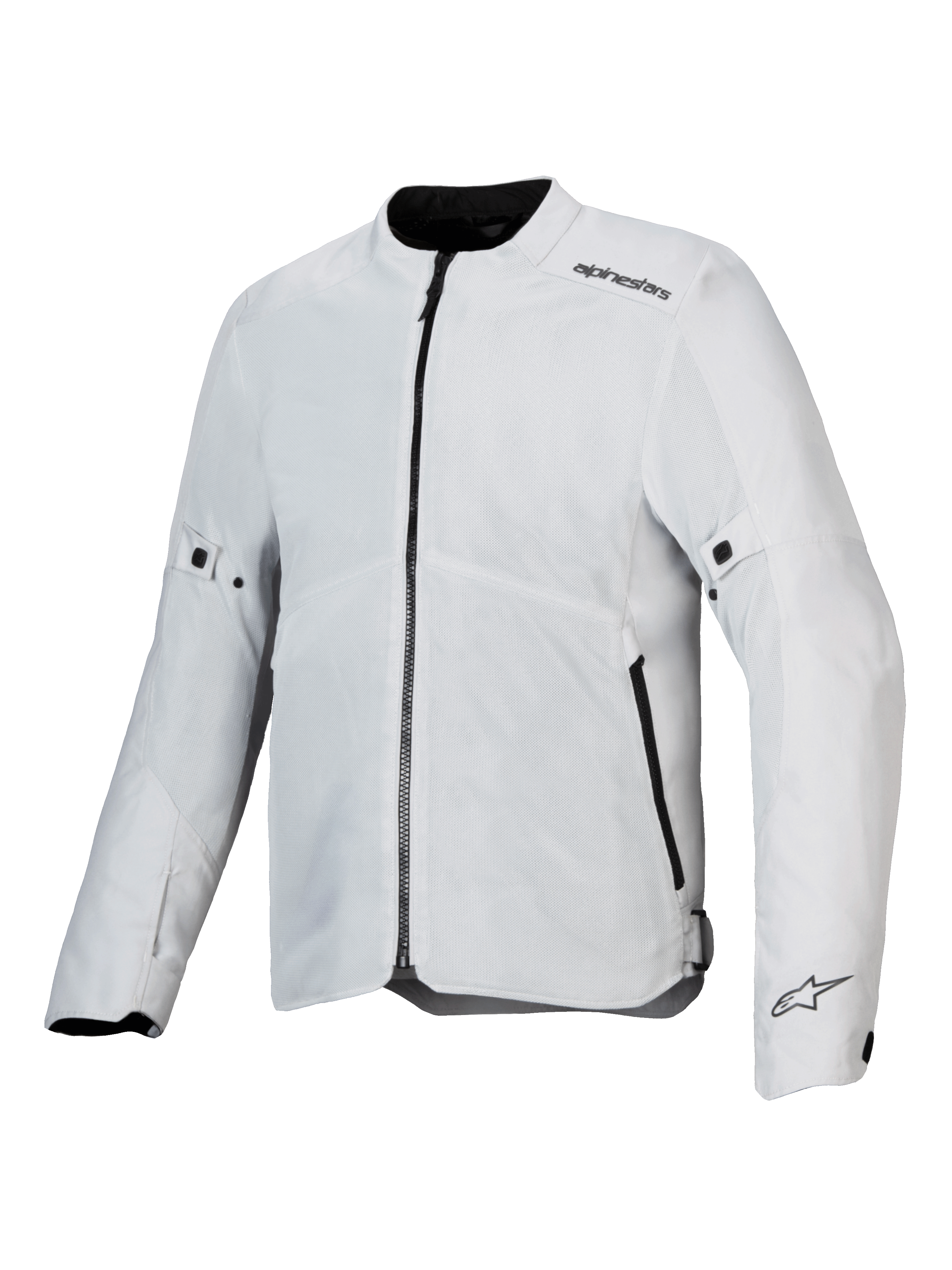 Alpinestars C-1 Air Jacket, Motorcycle Jacket, Silver, lightweight textile construction with tech mesh panels, front view with central black zipper and side pockets, Alpinestars logos on the shoulder and cuff, urban commuting style