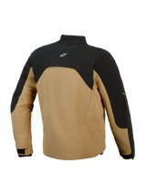 Alpinestars Provoke Jacket, urban motorcycle jacket, Black and Camel, back view featuring black upper panel with white logo, camel-colored softshell body, contemporary silhouette with reflective accents, engineered for urban riders
