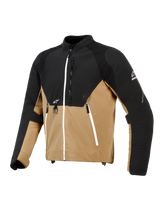 Alpinestars Provoke Jacket, Urban Motorcycle Jacket, Black and Camel, technical textile construction with ripstop panels, featuring white zipper accents, front metal D-ring, and Alpinestars logos, contemporary outdoor-inspired design
