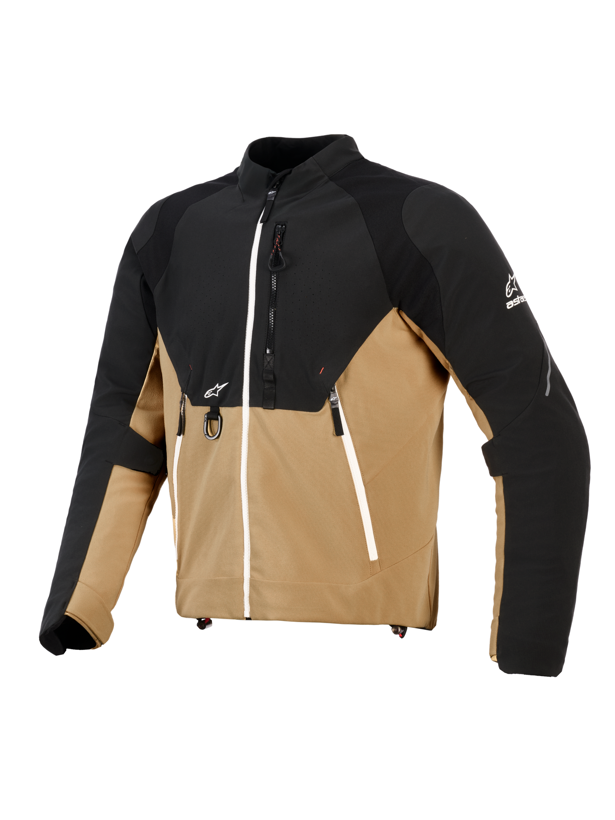 Alpinestars Provoke Jacket, Urban Motorcycle Jacket, Black and Camel, technical textile construction with ripstop panels, featuring white zipper accents, front metal D-ring, and Alpinestars logos, contemporary outdoor-inspired design