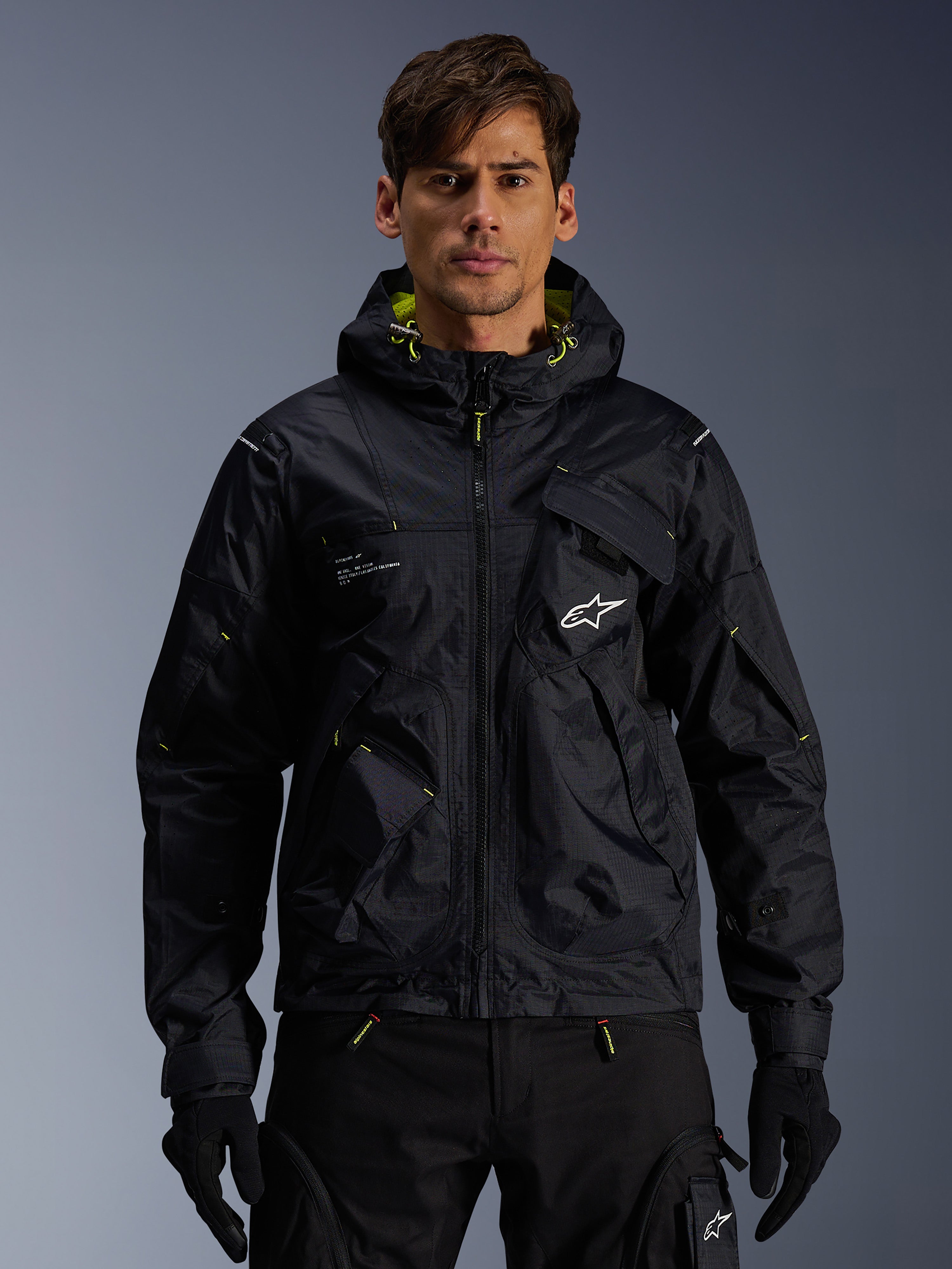 Alpinestars Mogress Air Jacket, urban motorcycle textile jacket for men in Black and Lime Punch with a utility hood.