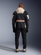 Alpinestars Mogress Air Jacket, rear view of a Men's Black and Hot Orange urban motorcycle jacket with a cream hood.