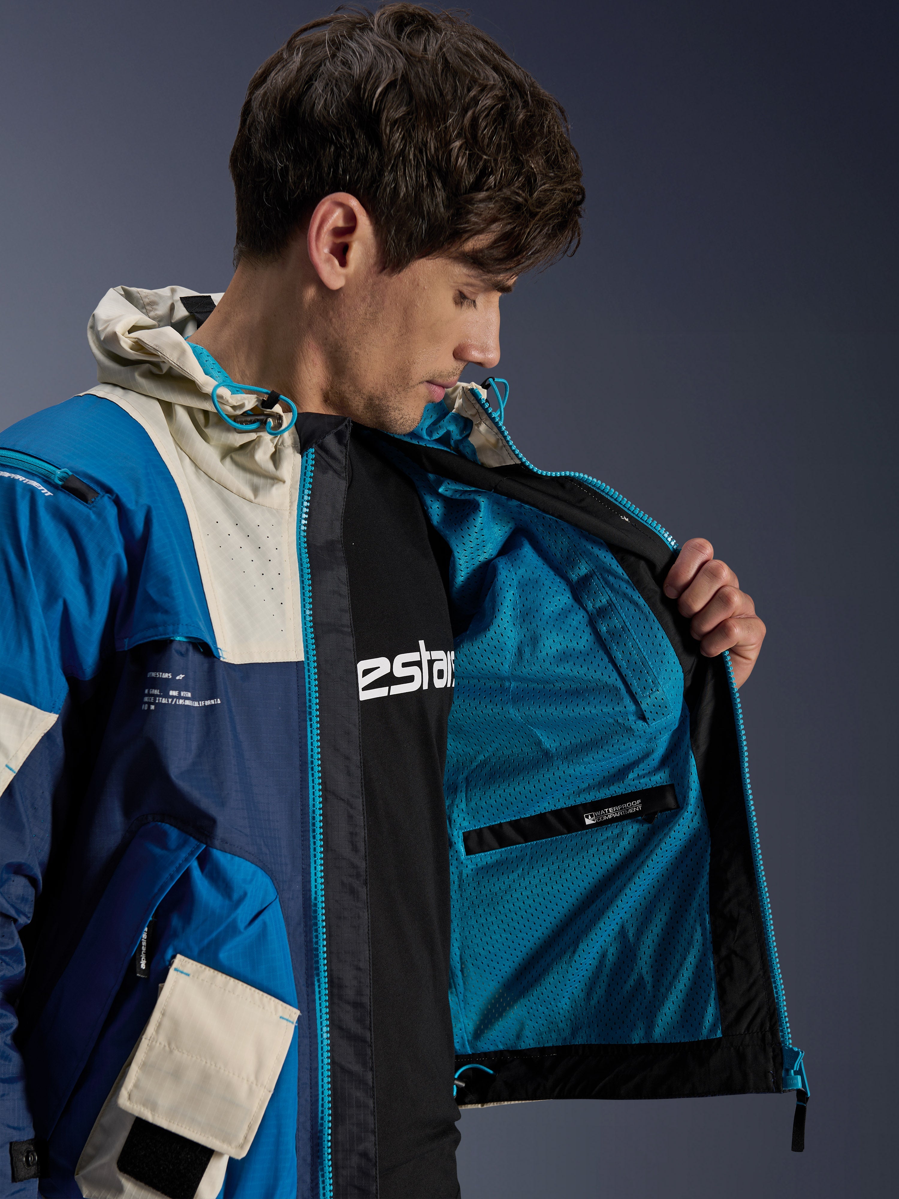 Alpinestars Mogress Air Jacket, Men's Urban Motorcycle Jacket, Blue and Almond, with inner mesh and waterproof pocket.