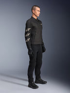 Alpinestars T-Dyno Air Jacket, Black, textile motorcycle jacket, featuring three white Alpinestars logos on the sleeve, worn with matching black pants and gloves, urban riding gear with breathable mesh panels