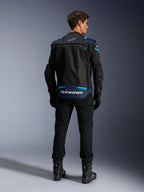 Alpinestars T-Stunt Air Jacket, Modular Textile Motorcycle Jacket, Black Dark Blue and Bright Blue, back view showing the lower back sleeve storage compartment with white Alpinestars branding, worn with black pants and boots.