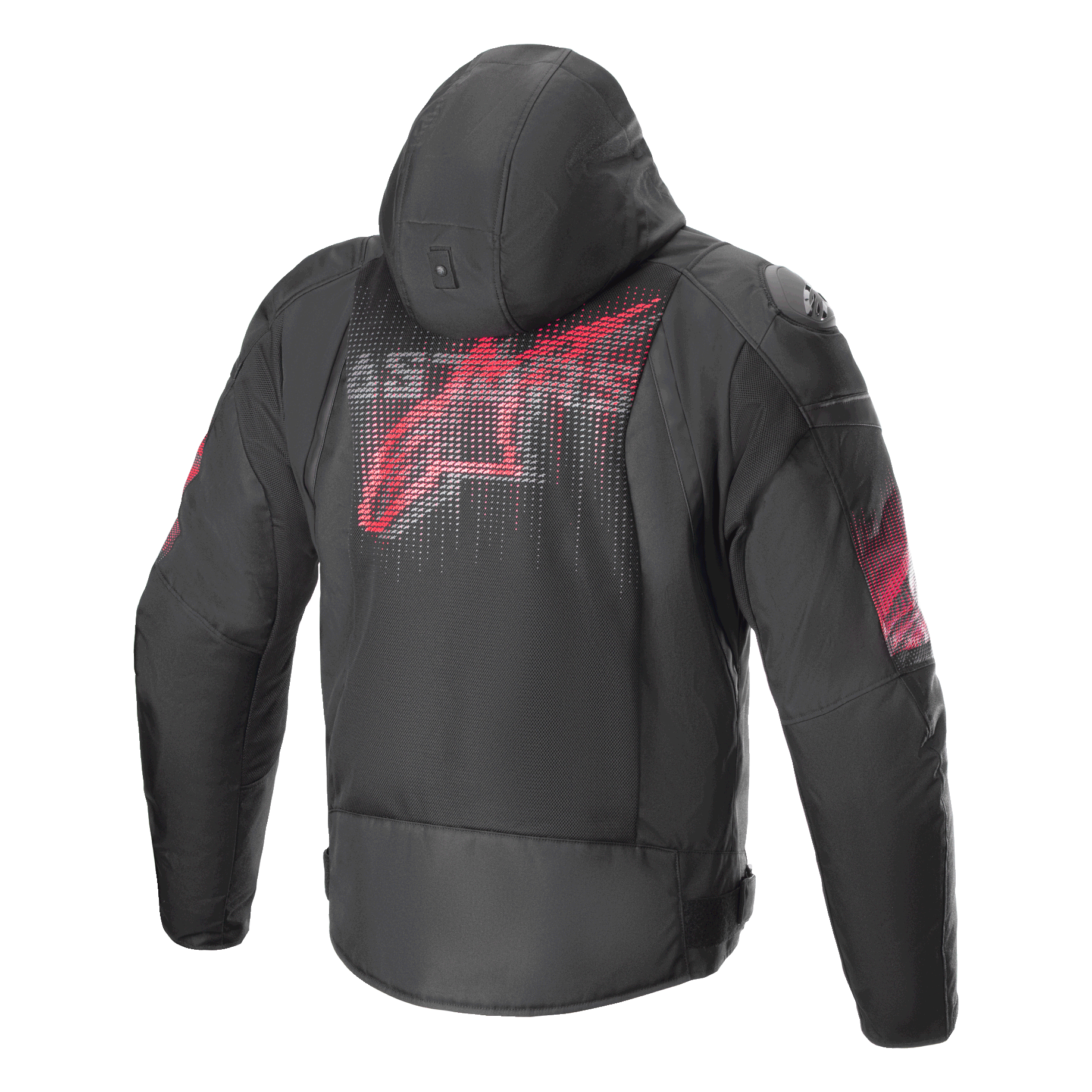 Alpinestars Zaca Air Venom WP Jacket, Black and Bright Red, rear view featuring a large stylized red logo on the back, textile motorcycle jacket with 3D mesh panels, detachable hood, and DFS Lite shoulder sliders, sport riding apparel.