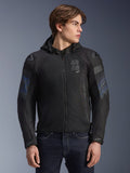 Alpinestars Zaca Air Venom WP Jacket, Black and Electric Blue, textile motorcycle jacket with a detachable hood and 3D mesh panels for ventilation, features DFS Lite shoulder sliders and ASTARS branding on the chest, worn by a male model, sport-inspired urban riding gear