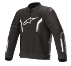 Alpinestars AST V2 Air Jacket, Motorcycle Racing Jacket, Black and White, sporty design with padded shoulders and elbows, front zipper, adjustable cuffs and waist straps, white chest and shoulder logos, durable protective material