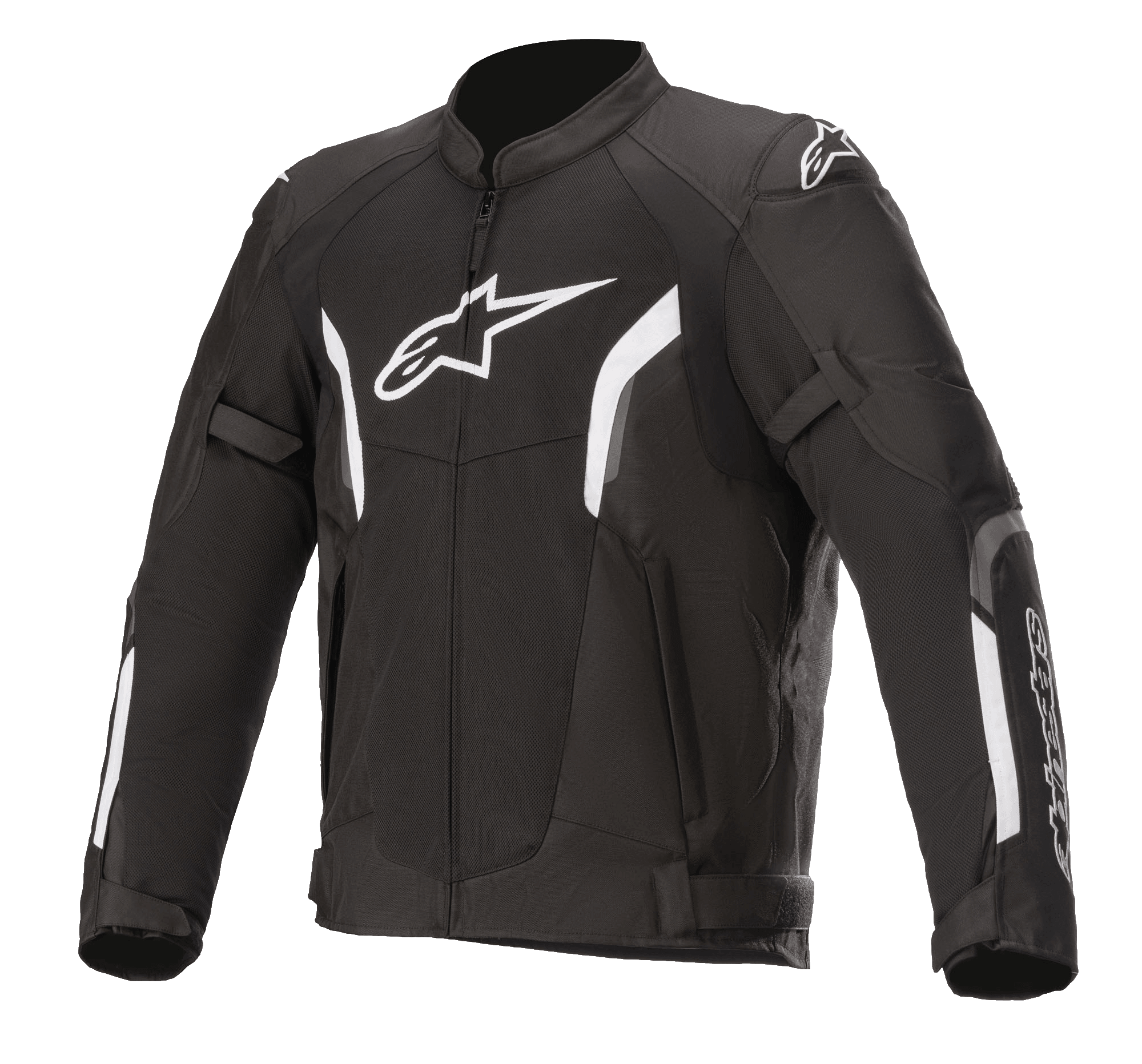 Alpinestars AST V2 Air Jacket, Motorcycle Racing Jacket, Black and White, sporty design with padded shoulders and elbows, front zipper, adjustable cuffs and waist straps, white chest and shoulder logos, durable protective material